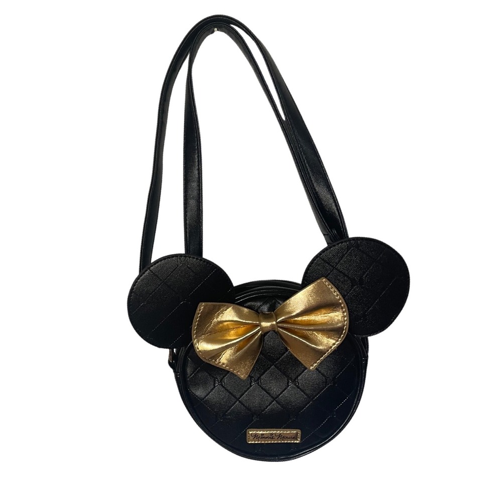 Disney Minnie Mouse Black Quilted Crossbody Bag Gold Bow 3D Ears YJB 2018/6